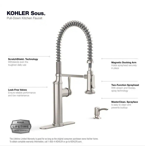 KOHLER Sous Pro-Style Single Handle Pull Down Sprayer Kitchen Faucet in Vibrant - Picture 1 of 6